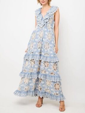 NWT Beacon & Haven Tiered Lace Maxi Dress - Blue/Cream - Size Small